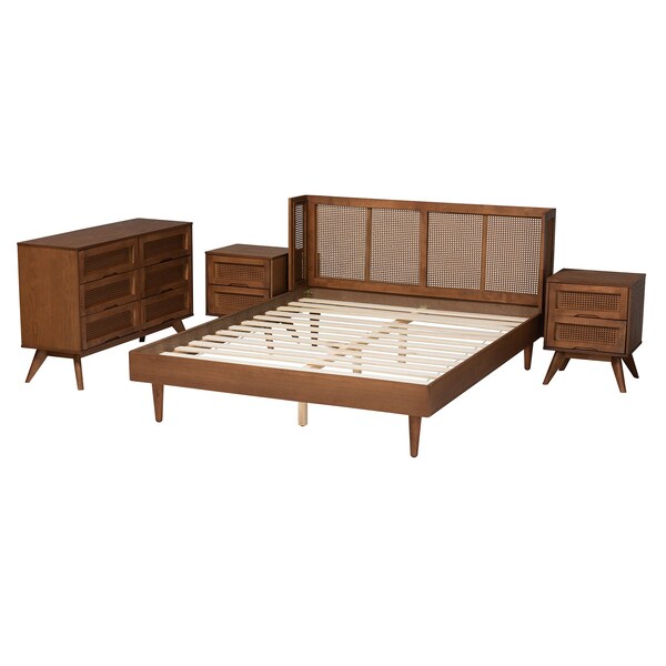 Baxton Studio Rina MidCentury Ash Walnut Finished Wood 4Piece Queen Size Bedroom Set with Synthetic Rattan - 223-9814-9815-11298-11300-ZORO
