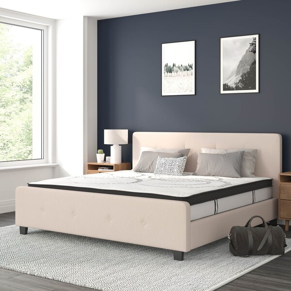 Flash Furniture King Size Beige Fabric Platform Bed & Mattress - HG-BM10-20-GG