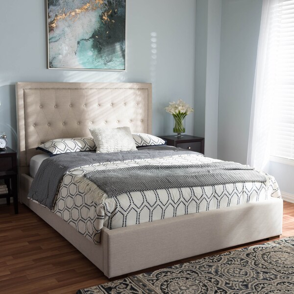 Baxton Studio Taylor Modern Light Beige Queen Size Gas-Lift Platform Bed - 137-7512