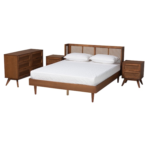 Baxton Studio Rina MidCentury Modern Ash Walnut Finished Wood 4Piece King Size Bedroom Set with Synthetic Rattan - 223-9816-9817-11298-11300-ZORO