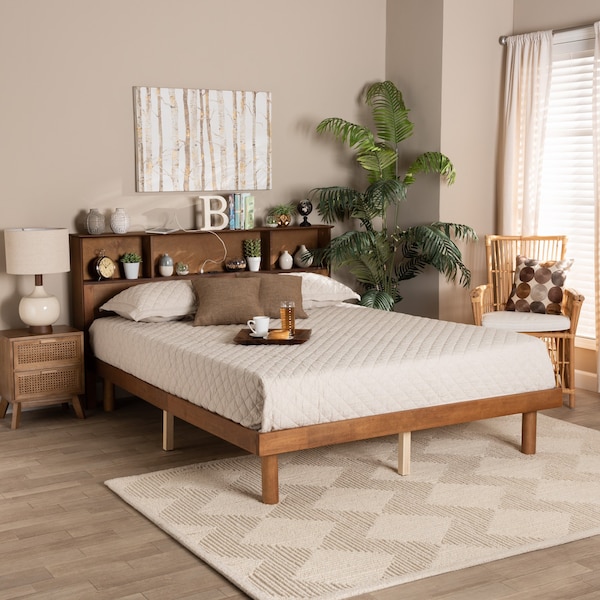 Baxton Studio Lochlan MidCentury Walnut Brown Finished Wood Queen Size Platform Bed with Charging Station - 220-11884-ZORO