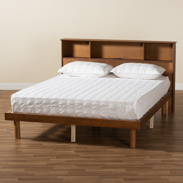 Baxton Studio Lochlan MidCentury Walnut Brown Finished Wood Queen Size Platform Bed with Charging Station - 220-11884-ZORO