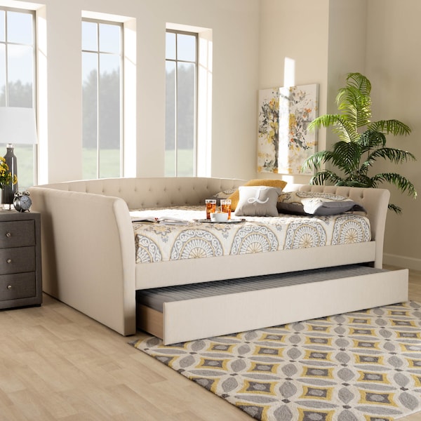 Baxton Studio Delora Beige Upholstered Full Size Daybed with Roll-Out Trundle Bed - 158-9664
