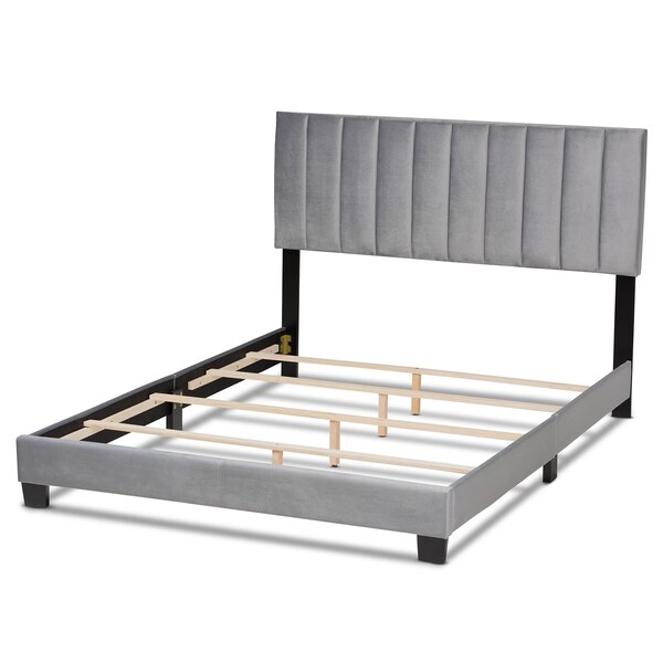 Baxton Studio Clare Grey Velvet Queen Size Panel Bed with Channel Tufted Headboard - 163-10502