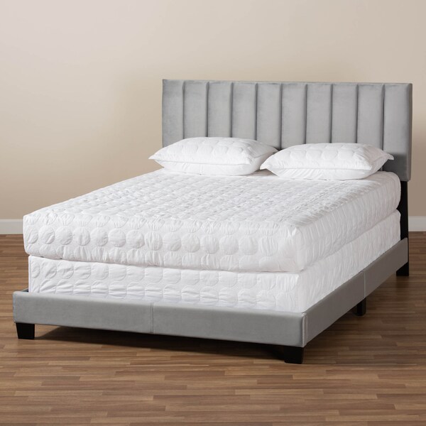 Baxton Studio Clare Grey Velvet Queen Size Panel Bed with Channel Tufted Headboard - 163-10502