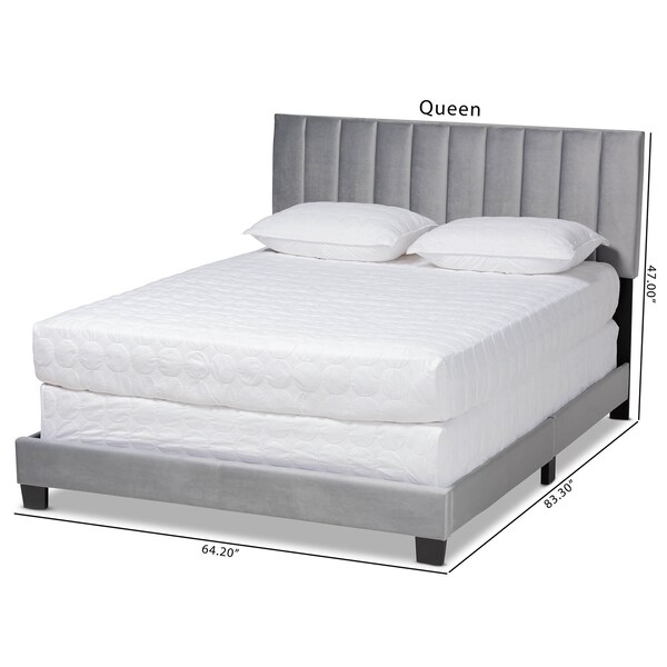 Baxton Studio Clare Grey Velvet Queen Size Panel Bed with Channel Tufted Headboard - 163-10502