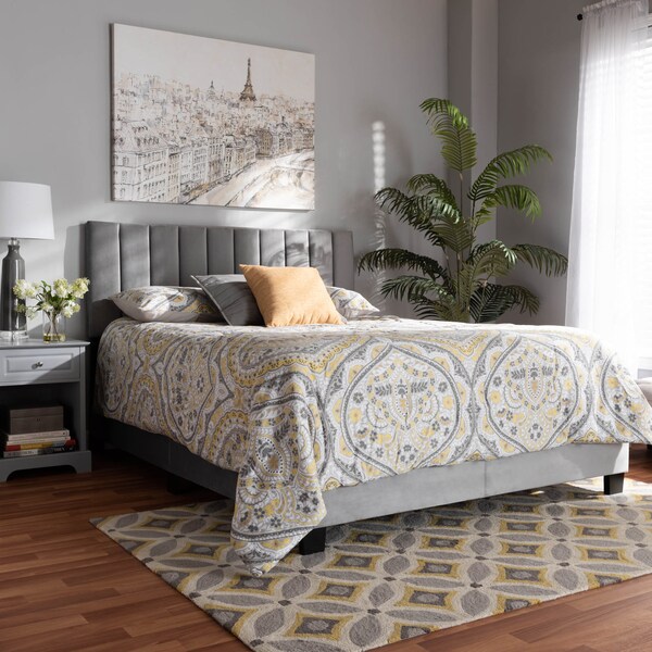 Baxton Studio Clare Grey Velvet Queen Size Panel Bed with Channel Tufted Headboard - 163-10502