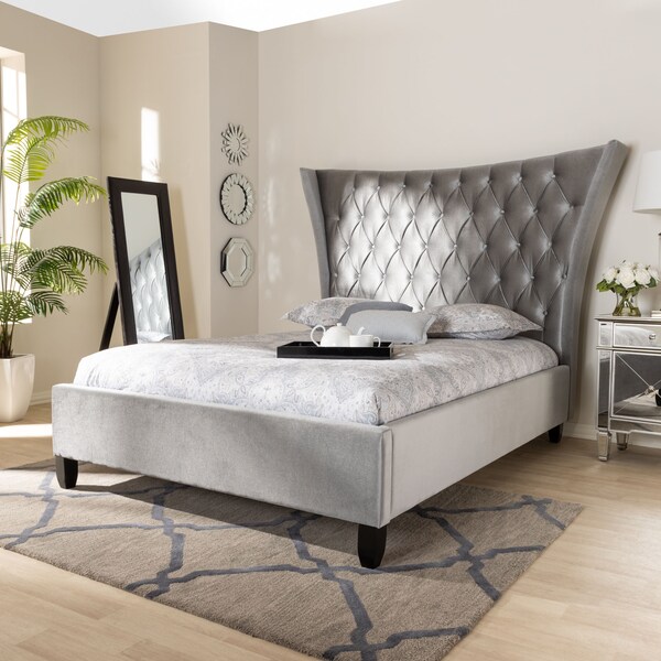 Baxton Studio Viola Velvet and Tufted King Size Platform Bed with Headboard - 156-9498