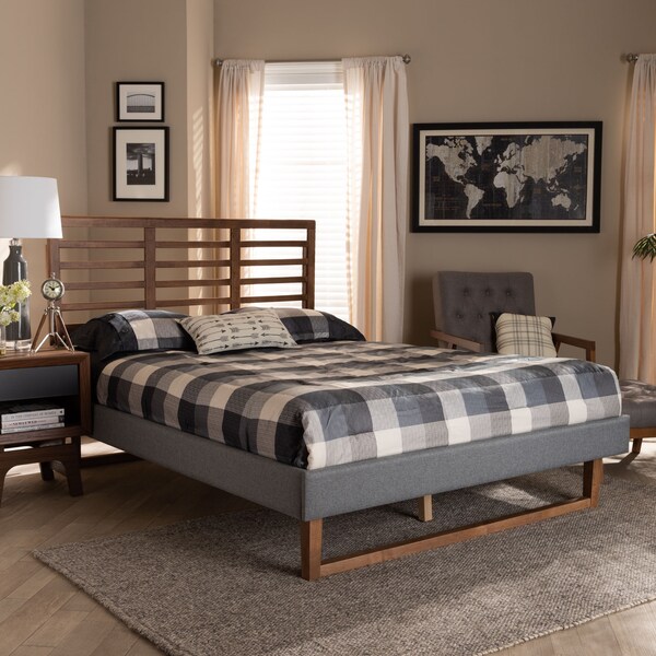 Baxton Studio Rina Dark Grey Upholstered and Ash Walnut Wood King Size Platform Bed - 164-9415-9424