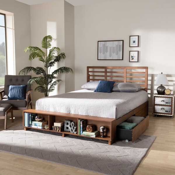 Baxton Studio Milana Ash Walnut Wood 4-Drawer Queen Size Platform Storage Bed - 173-9423-10669