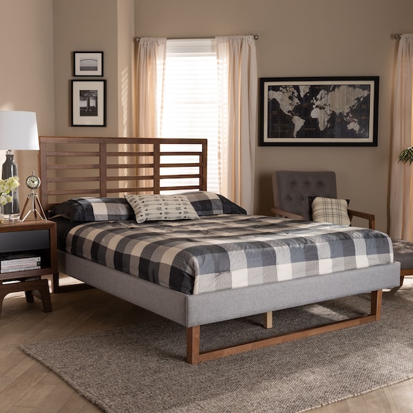 Baxton Studio Luciana Grey Upholstered and Ash Walnut Wood King Size Platform Bed - 164-9418-9424