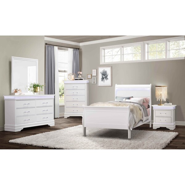 Global Furniture Usa Traditional Glam Crisp White W/ LED Charlie White Twin Bed - 5007
