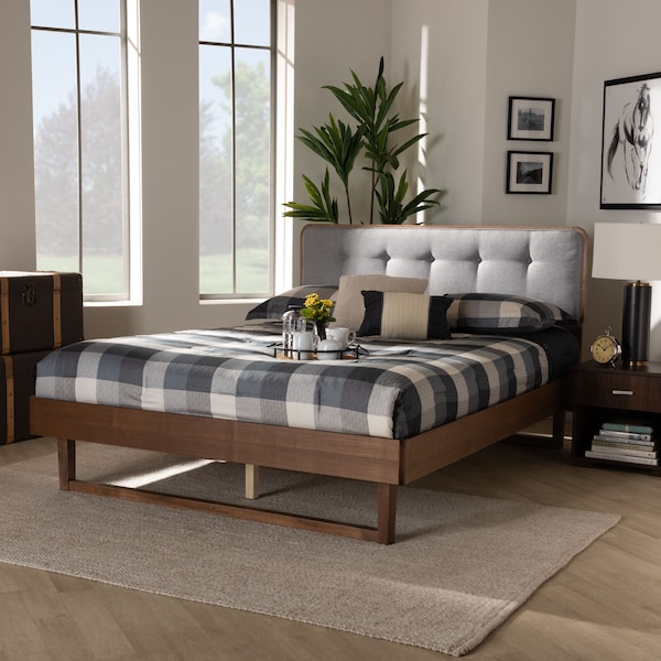 Baxton Studio Natalia Light Grey Upholstered and Walnut Wood Full Size Platform Bed - 167-9410-9440