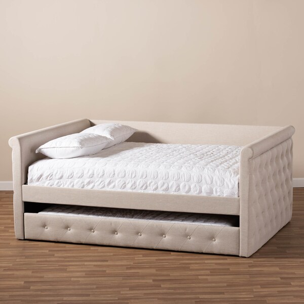 Baxton Studio Alena Light Beige Upholstered Full Size Daybed with Trundle - 147-8726
