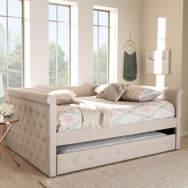 Baxton Studio Alena Light Beige Upholstered Full Size Daybed with Trundle - 147-8726