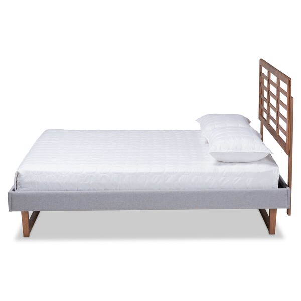 Baxton Studio Luciana Grey Upholstered and Ash Walnut Wood Queen Size Platform Bed - 164-9417-9423