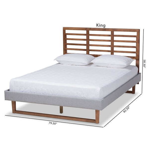 Baxton Studio Luciana Grey Upholstered and Ash Walnut Wood Queen Size Platform Bed - 164-9417-9423