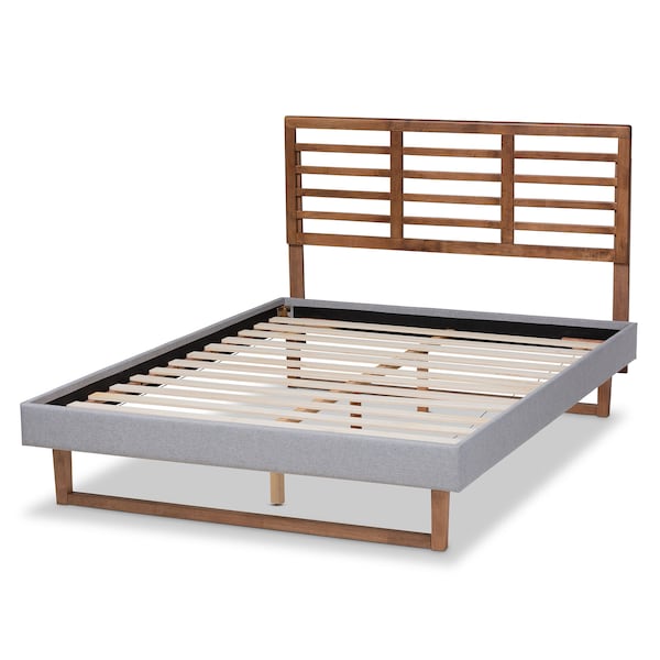 Baxton Studio Luciana Grey Upholstered and Ash Walnut Wood Queen Size Platform Bed - 164-9417-9423