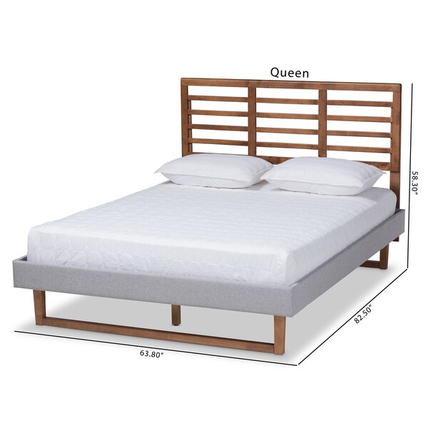 Baxton Studio Luciana Grey Upholstered and Ash Walnut Wood Queen Size Platform Bed - 164-9417-9423