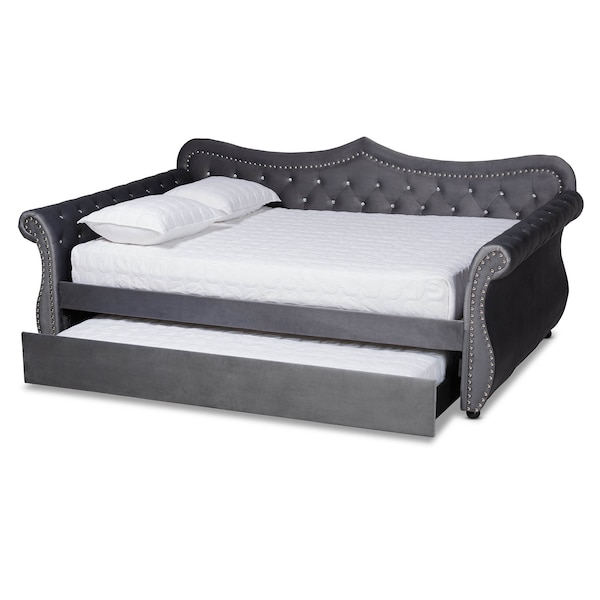 Baxton Studio Abbie Grey Velvet and Crystal Tufted Full Size Daybed with Trundle - 164-10419
