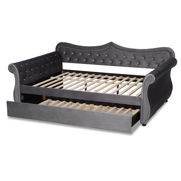 Baxton Studio Abbie Grey Velvet and Crystal Tufted Full Size Daybed with Trundle - 164-10419