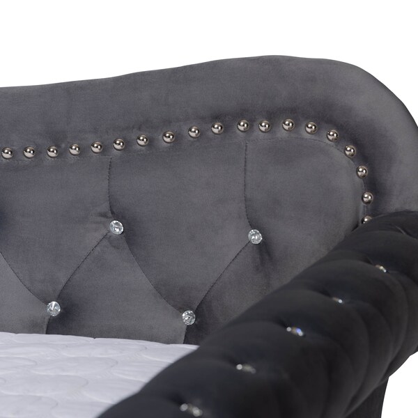Baxton Studio Abbie Grey Velvet and Crystal Tufted Full Size Daybed with Trundle - 164-10419