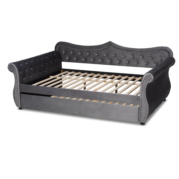 Baxton Studio Abbie Grey Velvet and Crystal Tufted Full Size Daybed with Trundle - 164-10419