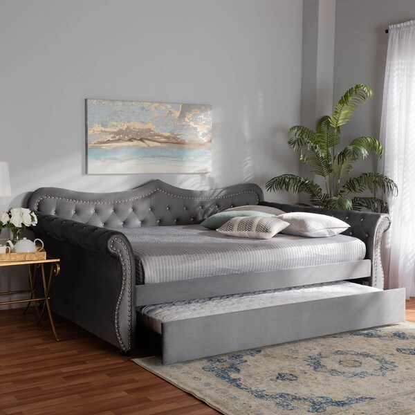 Baxton Studio Abbie Grey Velvet and Crystal Tufted Full Size Daybed with Trundle - 164-10419