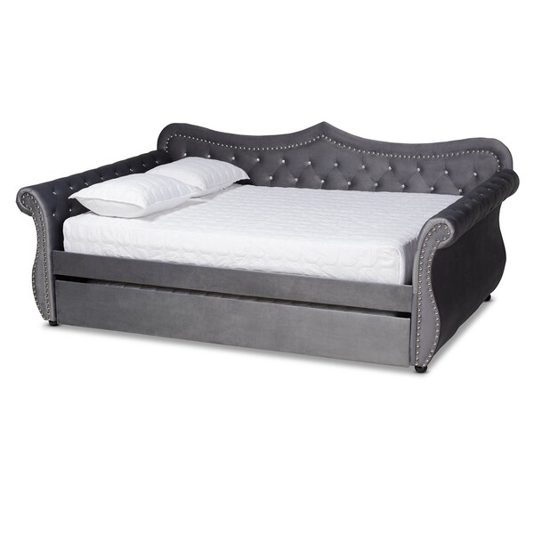 Baxton Studio Abbie Grey Velvet and Crystal Tufted Full Size Daybed with Trundle - 164-10419