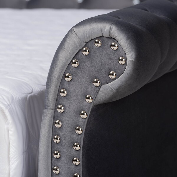 Baxton Studio Abbie Grey Velvet and Crystal Tufted Full Size Daybed with Trundle - 164-10419