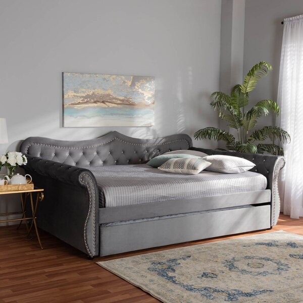 Baxton Studio Abbie Grey Velvet and Crystal Tufted Full Size Daybed with Trundle - 164-10419