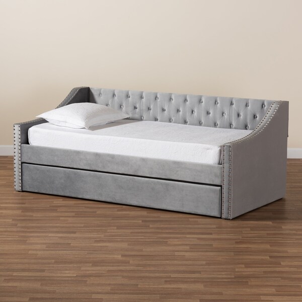 Baxton Studio Raphael Modern and Contemporary Grey Velvet Fabric Twin Size Daybed with Trundle - 187-11478-ZORO