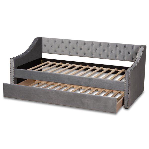 Baxton Studio Raphael Modern and Contemporary Grey Velvet Fabric Twin Size Daybed with Trundle - 187-11478-ZORO