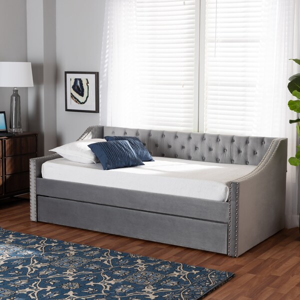 Baxton Studio Raphael Modern and Contemporary Grey Velvet Fabric Twin Size Daybed with Trundle - 187-11478-ZORO