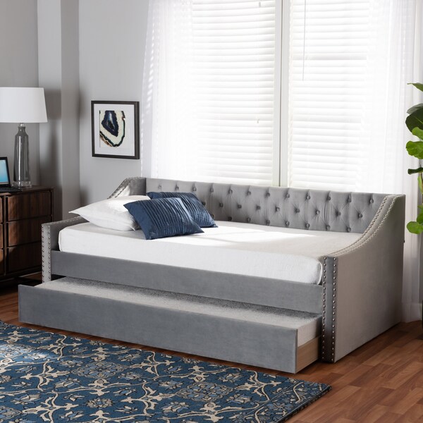 Baxton Studio Raphael Modern and Contemporary Grey Velvet Fabric Twin Size Daybed with Trundle - 187-11478-ZORO