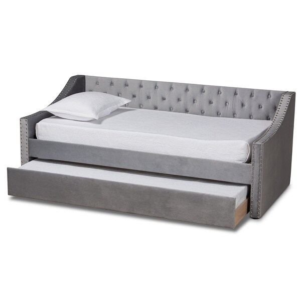 Baxton Studio Raphael Modern and Contemporary Grey Velvet Fabric Twin Size Daybed with Trundle - 187-11478-ZORO