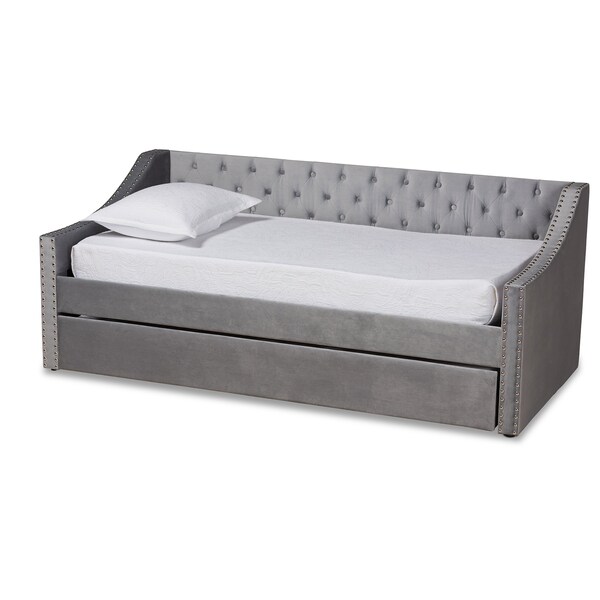 Baxton Studio Raphael Modern and Contemporary Grey Velvet Fabric Twin Size Daybed with Trundle - 187-11478-ZORO