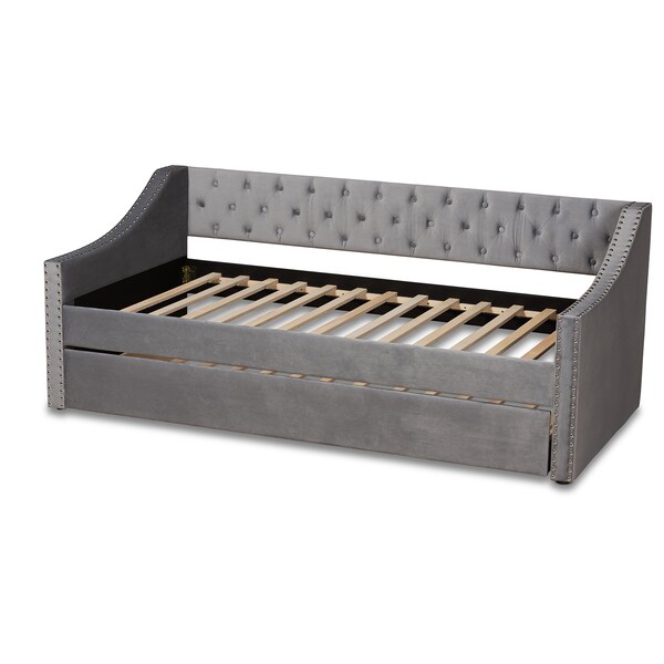 Baxton Studio Raphael Modern and Contemporary Grey Velvet Fabric Twin Size Daybed with Trundle - 187-11478-ZORO