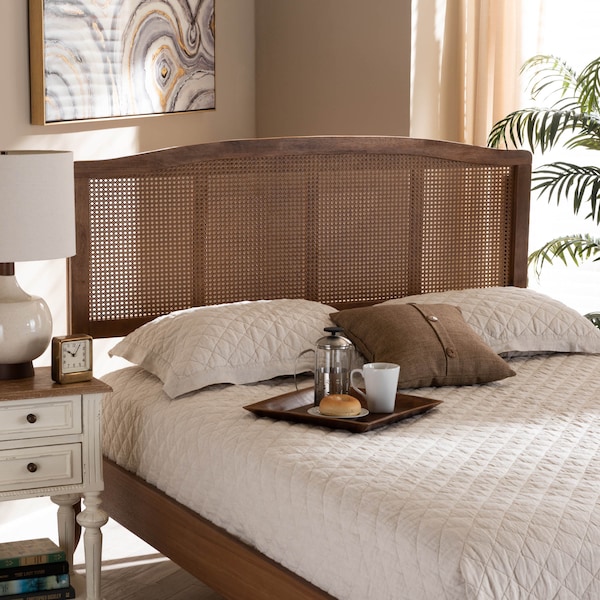 Baxton Studio Marieke Ash Walnut Finished and Synthetic Rattan Queen Size Headboard - 159-9809