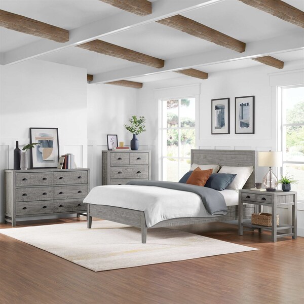 Alaterre Furniture Arden 4-Pc Wood Bdrm Set w/Queen Bd, 2-Drwr Nightstand w/open shelf, 5-Drwr Chest, 6-Drwr Drssr, Gry - ANAN02343032