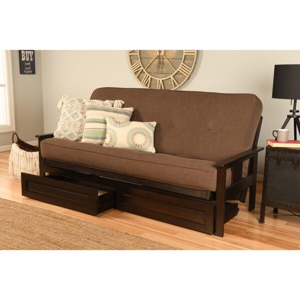 Templeton Monterey Espresso Futon Frame with Linen Cocoa Mattress & Storage Drawers - Full Size - TE2597749