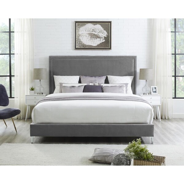Comfortcorrect Tristan Velvet Nailhead Trim Platform Bed King Size - Grey - CO2456620