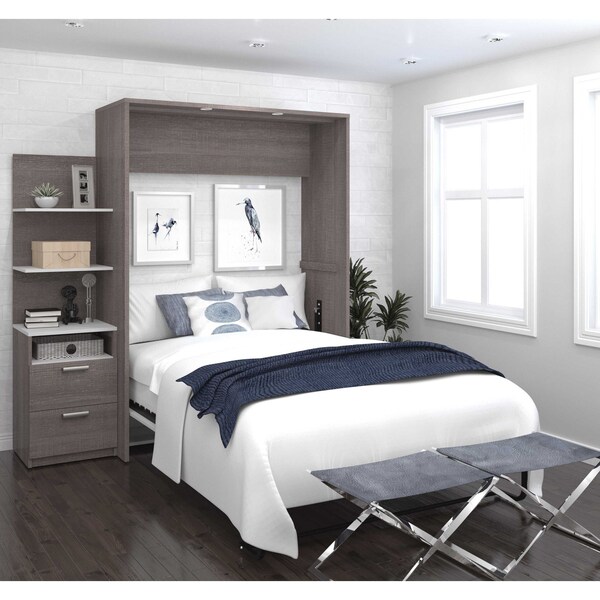 Bestar Cielo Full Murphy Bed with Floating Shelves (79W), Bark Grey & White - 80897-47
