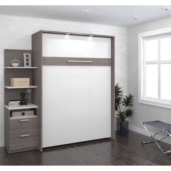 Bestar Cielo Full Murphy Bed with Floating Shelves (79W), Bark Grey & White - 80897-47