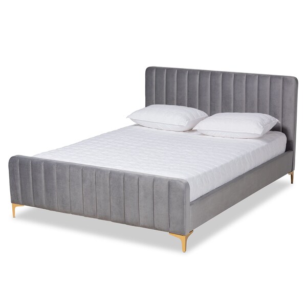 Baxton Studio Nami Modern Glam and Luxe Light Grey Velvet Fabric and Gold Finished Queen Size Platform Bed - 174-11182-ZORO