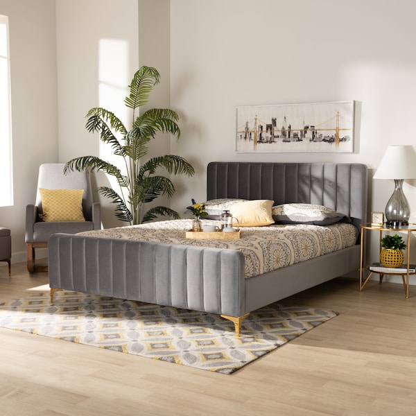 Baxton Studio Nami Modern Glam and Luxe Light Grey Velvet Fabric and Gold Finished Queen Size Platform Bed - 174-11182-ZORO