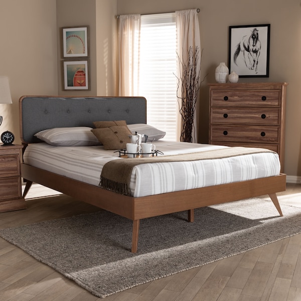 Baxton Studio Dilara Dark Grey Upholstered Walnut Finished Queen Size Platform Bed - 156-9408-9438