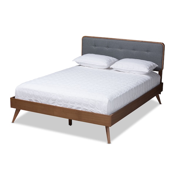 Baxton Studio Dilara Dark Grey Upholstered Walnut Finished Queen Size Platform Bed - 156-9408-9438