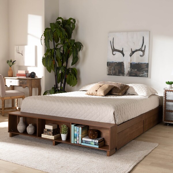 Baxton Studio Arthur Walnut Wood King Size Platform Bed with Built-In Shelves - 164-10670