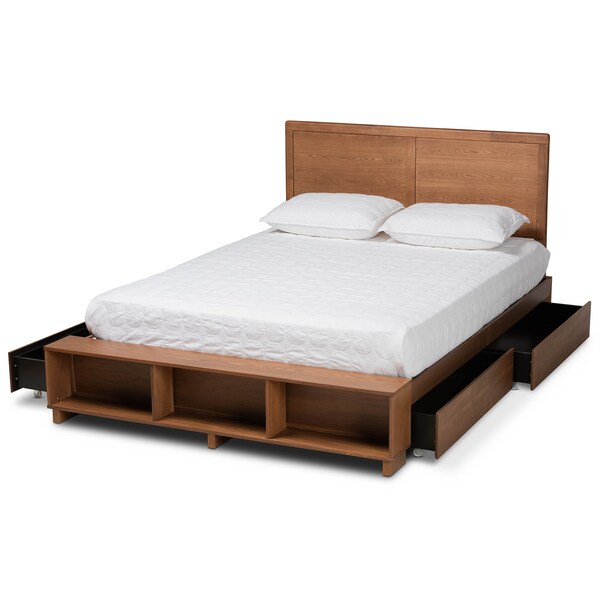 Baxton Studio Tamsin Wood Queen Size 4-Drawer Platform Bed with Built-In Shelves - 173-9420-10669